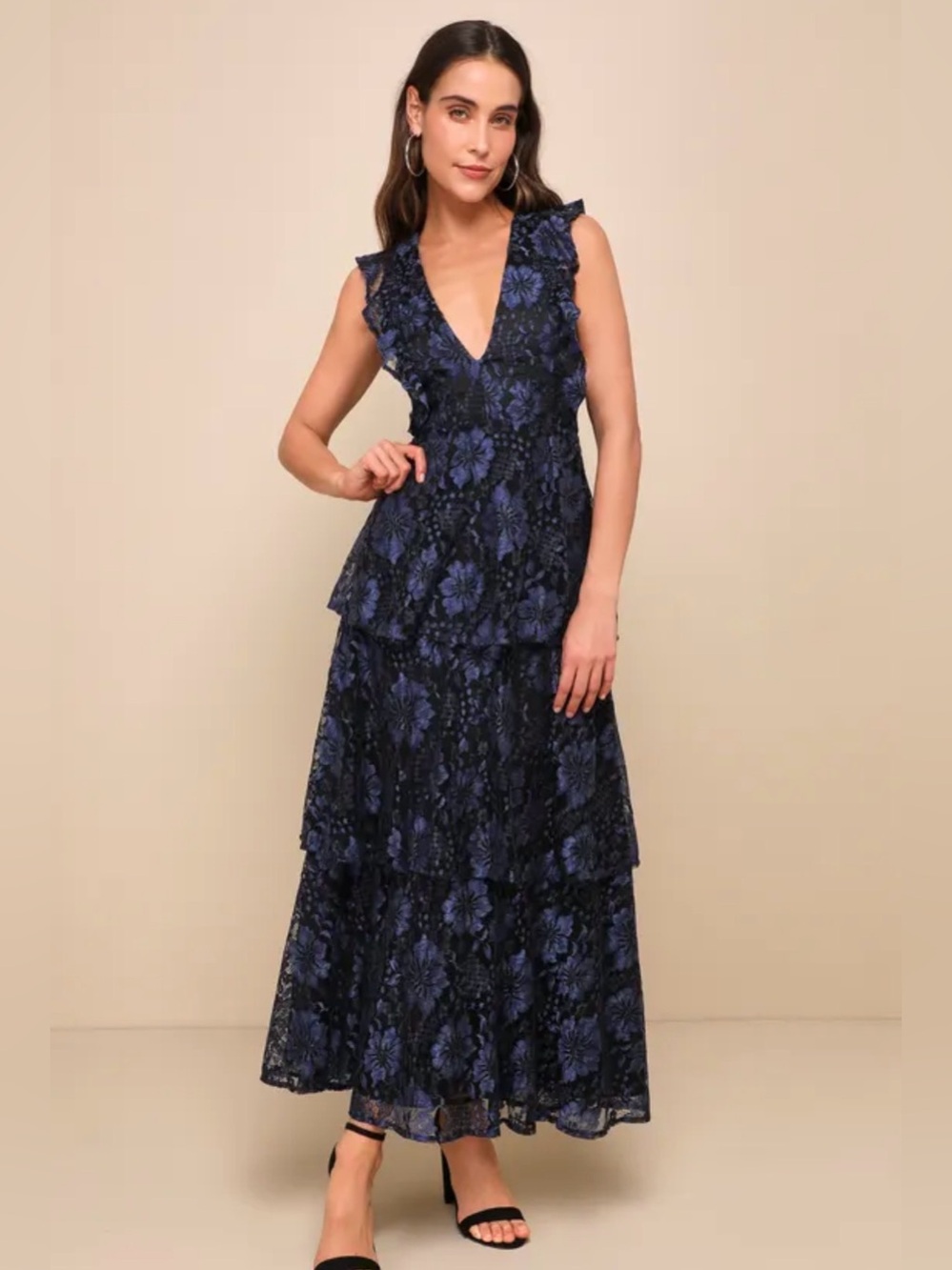 Lulus Molinetto Navy Blue Lace Ruffled Tiered Sleeveless Dress